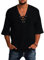 YAOBAOLE Chemise Lin Homme Manches 3/4 Chemise Homme Decontracte Henley en Lin pour Hommes Viking à Lacets Noir 3XL