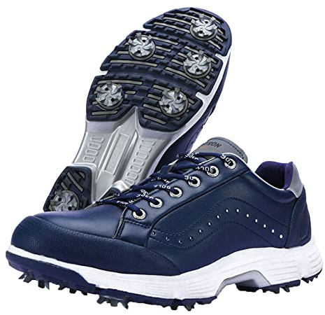Mens Golf Shoes with Spiked Wide Fitting Leather Waterproof Golf Sneakers Anti-Slip Casual Big Size