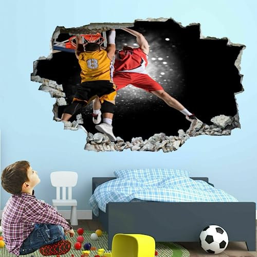 Wandaufkleber, 3D-Wandtattoo „Smashed Basketball“, Vinyl, abnehmbare Heimdekoration, Sport, wasserfeste Aufkleber, Kunst für Baby, Kinderzimmer, Mädchen, Jungen, Kinderzimmer, Wanddekoration