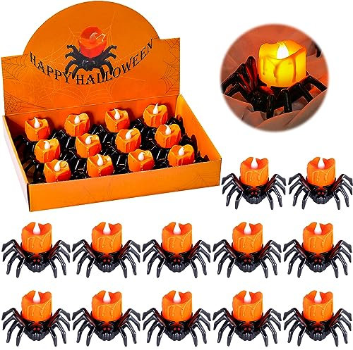 DONGQI 12 Stück LED Halloween Deko Kerzenlichter Flammenlos Batterie Teelichter Spinne Kerzenlichter Dekoration, für Halloween Dekorationen Innen Außen Home Dekor