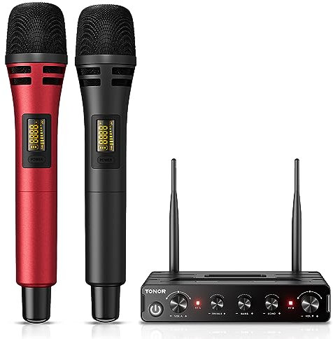 TONOR TW350 Wireless Microphones for Singing,UHF Handheld Dynamic Karaoke Mics& Receiver for Deveices with XLR&6.35mm Audio Interfaz, 200ft.for Wedding, DJ, Party, Church,Outdoor Events, Black&Red
