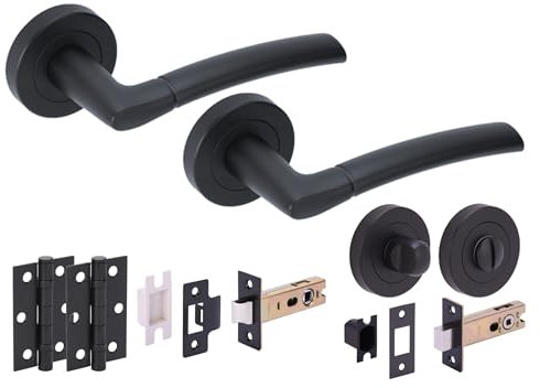 Hunta HANDLEZONE® Neemo Door Handles on Rose Bathroom Deadbolt Pack with Ball Bearing Hinges - Black Matt