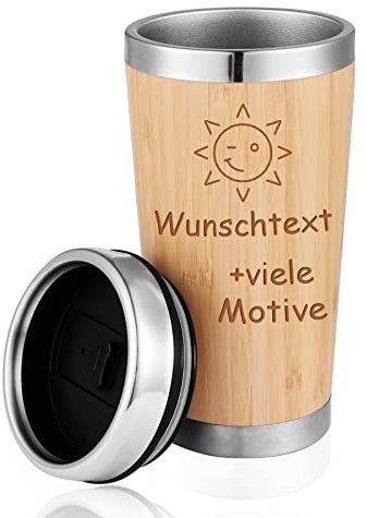 thermos café avec nom + motif gravé, 0,4 l, grande tasse isotherme à emporter en acier inoxydable avec couvercle à emporter, cadeau personnalisé