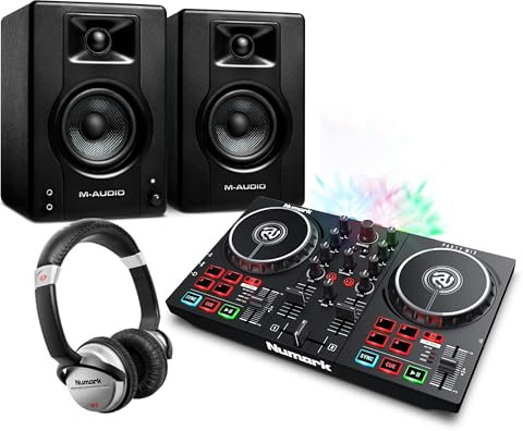 Beginner DJ Set - Numark DJ Controller and DJ Headphones plus M-Audio DJ Monitor Speakers with Serato DJ Lite and Party Lights