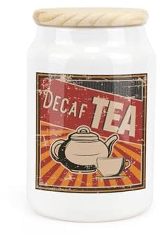 Purely Home Retro Drinks Ceramic Decaf Tea Storage Canister - 1950s Style Kitchen Food Storage Container & Wooden Lid 600ml (14.5cm x 9.5cm)