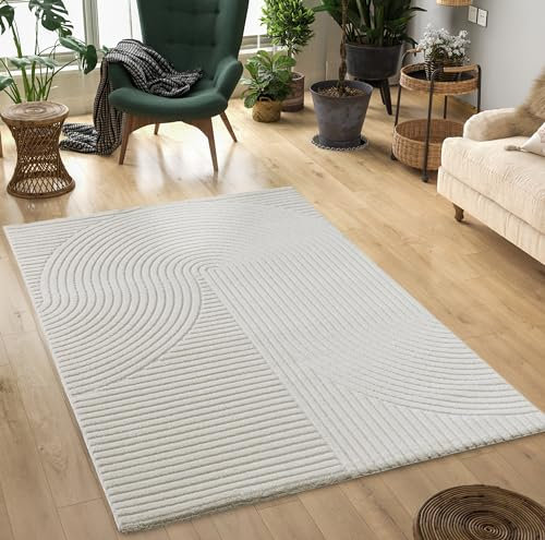Mia's Teppiche Theo - moderner Kurzflor mit Hoch-Tief-Effekt, 3D Effekt, hohe Flordichte, weich, Panglao Design, Creme, 160 x 230 cm