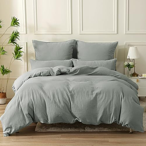 SOULFUL Doppelte Muslin Bettwäsche 220x240 Baumwolle, Bettwäsche-Sets 1er Set Bettbezug mit 2 Kissenbezüge 80x80 cm, ÖKO-TEX Bettwäsche Hellgrau mit Reißverschluss