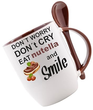 Tasse mit Löffel - Don't Worry - Smile - Löffeltasse, Kaffeetasse m. Motiv, Bürotasse, bedruckte Tasse mit Sprüchen oder Bildern, Tasse personalisiert mit Name