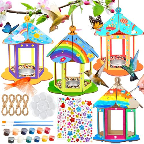 PIWOSGOL Maison D'oiseau Activite Manuelle Enfant, 4 Pièces Maison D'oiseau en Bois Bricolage Kit, Maison D'oiseau Artisanat Peindre Jouet, Loisir Créatifs pour Enfants Garçons Filles Cadeau 3-10 ans