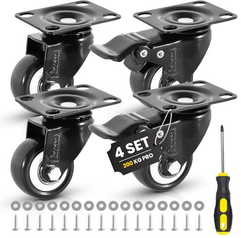 YUCONECT Schwerlastrollen mit Bremse bis 300kg mit Schrauber, Schrauben und Scheiben - Rollen mit Bremse - Rollen Schwerlast - Möbelrollen Schwerlast - Lenkrollen 50mm - Industrierollen mit Platte