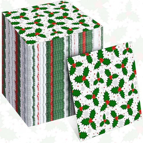 Motipuns 100 Pcs Christmas Paper Napkins Disposable Holly Paper Napkins Bulk Red and Green Holly Christmas Party Decoration Tableware for Xmas Christmas Winter Holiday Party Supplies