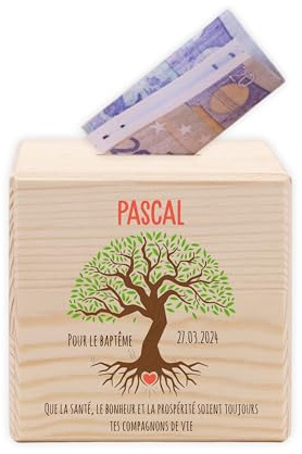 LAUBLUST Tirelire Enfant personnalisée avec prénom | Tirelire en Bois - Cadeau pour Fille & garçon | Cadeau personnalisé pour baptême, Communion, Confirmation, Anniversaire (Arbre de Vie avec Coeur)