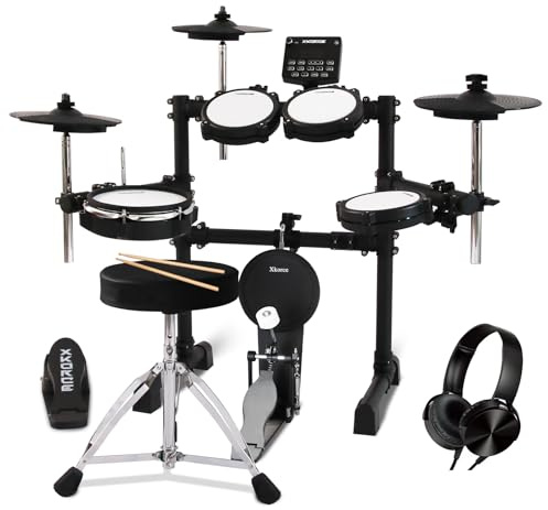 Xkorce Electronic Drum Set Electric Drum Kit with 4 Quiet Mesh Pads and 6 Kick Drum, 360 Sounds, Headphones, Sticks, Dual Bluetooth function, Suit for Beginner