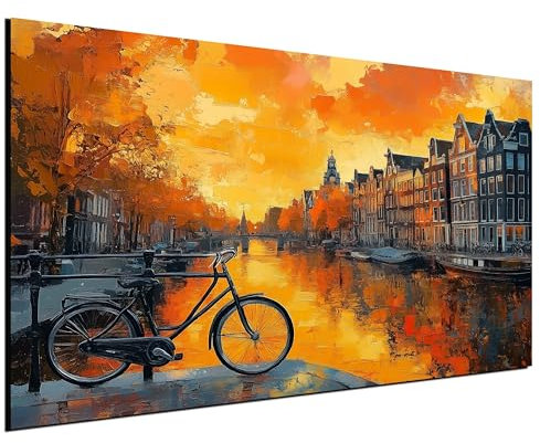 DARO Design® Wandbilder Groß 84x56 cm XXL Wohnzimmer Wanddeko Schlafzimmer Zimmerdeko Wandgemälde Zimmer Deko auf Wand Dekoration Wall Art Amsterdam Grachten Fahrrad Fluss Boote