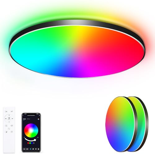 OPPEAR [2 Stücke] LED Deckenleuchte Dimmbar Flach Rund Schwarz 24W Deckenlampe mit Fernbedienung, RGB Steuerbar via App, 2700K-6500K Smart LED Deckenlampe für Schlafzimmer Kinderzimmer Ø30CM