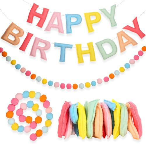 Cartel de feliz cumpleaños preencordado, guirnalda de bolas de fieltro, guirnalda de feliz cumpleaños, decoraciones de cumpleaños arcoíris, letrero personalizado para decoración de fiestas, accesorio