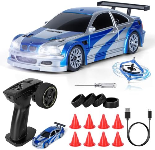 JONRRYIN Mini RC Drift Car Pro, 1:43 Frngesteuert Drift Auto, 4WD Tabletop Drift RC Car, Ferngesteuertes Auto mit Gyro, 15 km/h, Spielzeugauto für Kinder ab 14 Jahre (Blau Pro - Gyroskop)