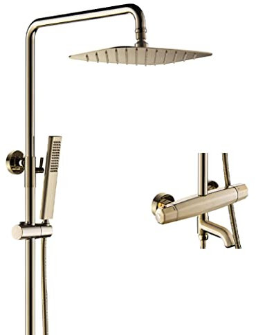 Thermostatdusche, Duschkopf Thermostat Gold Drei Funktionen Wandmontage Duschset Messing Badewanne Umsteller Mischbatterie Wannenarmaturen mit 10 * 8 Zoll Regenduschkopf und Handbrause, Luxus Duschset