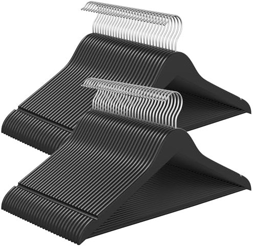 SONGMICS Kleiderbügel Holz, 60er Set, Holzbügel schlank, Bügel, Einkerbungen im Schulterbereich, Hosenbügel, 360° drehbarer Haken, Birkenholz, für Träger und Jacken, tintenschwarz CRW030B60