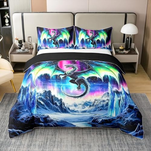 Loussiesd Bettwäsche-Set mit Drachen-Motiv, 100 % Baumwolle, King-Size, Monster-Tier-Bettwäsche-Set, Jungen und Mädchen, Weltraum, Galaxie, Nordlicht, Bettdeckenbezug (keine Bettdecke