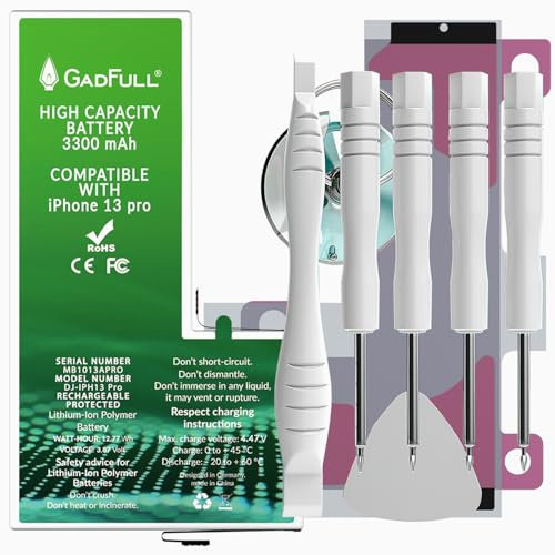 GadFull Batteria ad Alta Capacità compatibile con iPhone 13 Pro | 2025 Data di produzione | incl. Set di riparazione manuale & Kit strumenti Profi | Nuova Batteria Cellulare Extra