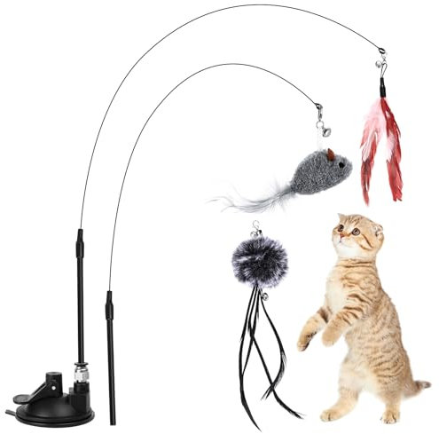 Wukemaoyi 2 Pcs Juguetes Gatos Interactivos, Juguete Interactivo Gatoss, Juguetes para Gatos Interactivos, Juguete Gato Interactivo con Ventosa y Plumas Pajaros para Gatos, con 3 Pájaros