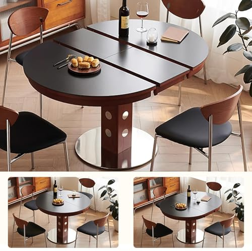 Console Extensible Salle a Manger, Table à Manger Ronde Convertible Ovale, Plateau en Ardoise + Support en Bois Massif + Châssis en Acier Inoxydable, for 4 à 6 Personnes (Chaise Non Incluse)