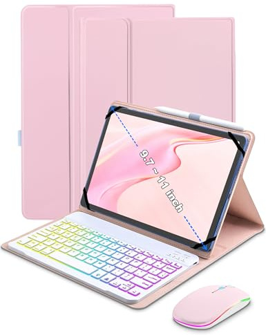 XCHYTECHER Universal Keyboard Case for 9.7,10.1,10.2,10.5,10.9,11 | Tablets iPad Samsung Fire Pixel Android 10.1 inch, 7 Color Rainbow Backlit Removable Keypad with Pen Holder(Pink) + Mouse