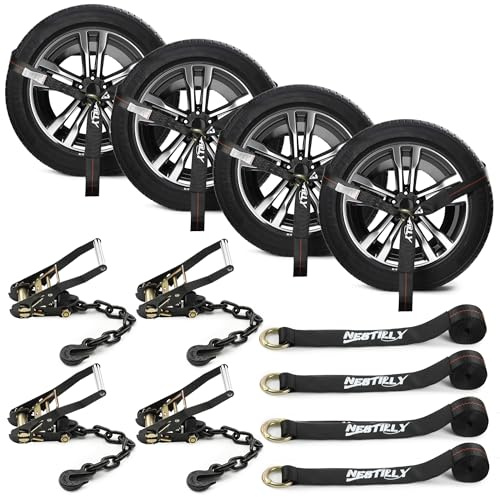 Nestilly Confezione da 4 cinghie di fissaggio per ruote a cricchetto, per rimorchi auto, 5,1 x 243,8 cm, resistenti, con ancoraggi a catena, per camion, ATV, UTV, colore nero