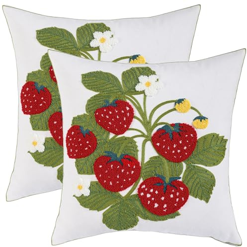 2 Stück Blumen Kissenbezug 45x45cm Frühlings Rote Erdbeeren Kissenhülle | Kissenbezüge Kissenhülle Kissen Dekorative Modern Zierkissenbezüge für Sofa Schlafzimmer Bauernhaus Deko