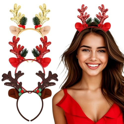 JUNEBRUSHS 3 Stück Weihnachten Geweih Haarreif,Weihnachten Geweih Haarreif,Weihnachtsschmuck,Rentier Geweih Stirnband, Weihnachts Kopfschmuck Damen, Weihnachts-Stirnbänder, Weihnachts Party