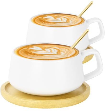 AOOTE Cappuccino Cup & Saucer Set, 2 Pcs Porcelain Espresso Coffee Cup with Saucer and Spoon, 320ML Wide Cappuccino Cups, Ceramic Coffee Cups Set for Tea, Coffees, Espresso, Americano, Latte
