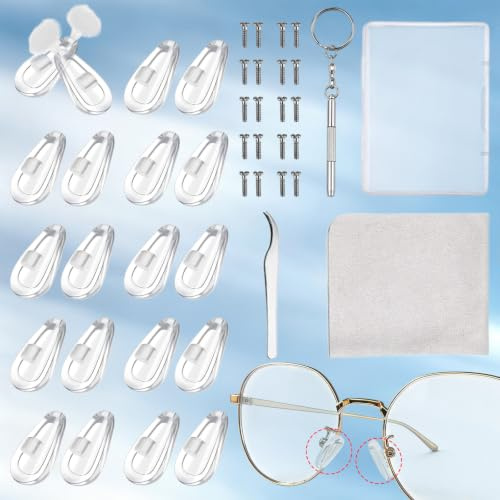 Anti Slip Occhiali Naso, 10 Coppie Pastiglie Silicone Universali | Kit Riparazione Occhiali con Pastiglie Nasali a Vite Cacciavite 3 in 1, Pinza e Panno Detergente