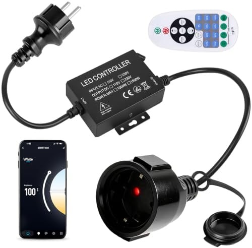 Catena luminosa a LED da 1500 W, dimmerabile con telecomando, AC 220-240 V, presa dimmerabile per strisce luminose e lampade dimmerabili, WiFi + controllo app + telecomando a 23 tasti + timer, per
