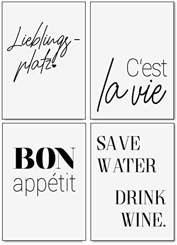 Typo Poster-Set I dv_322 I DIN A4 I 4 Print Plakate mit Sprüchen: Lieblingsplatz cest la vie Bon appetit Save Water I Statement modern schwarz weiß