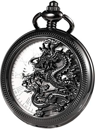 TREEWETO Unisex Taschenuhr mit Kette Analog Handaufzug Mechanisch Antik Drache Skelett Für Herren Damen Schwarz/Gold