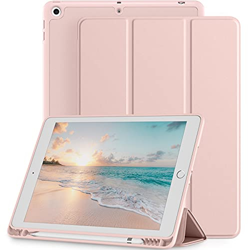 Mastten Custodia compatibile con iPad di 9a/8a/7a generazione, per iPad da 10,2 pollici con portamatite, custodia posteriore in TPU per iPad 2021/2020/2019, accensione e spegnimento automatico, rosa