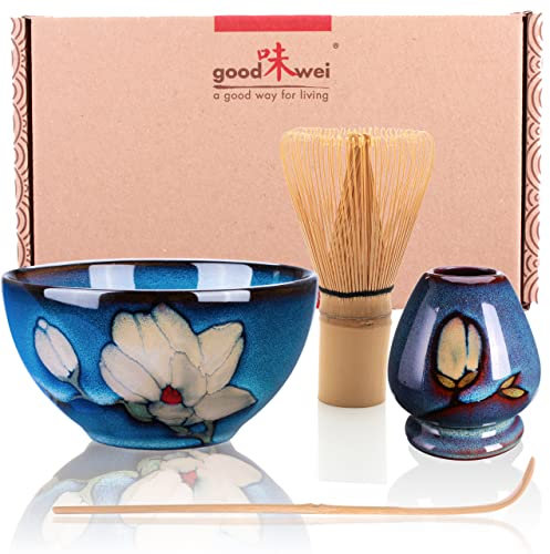 Goodwei Matcha Kit | Bol Matcha Artisanal Chawan, Cuillère e Fouet à Matcha avec Support de Fouet en Céramique au design assorti | Service à Thé Japonais (Magnolia, 80)