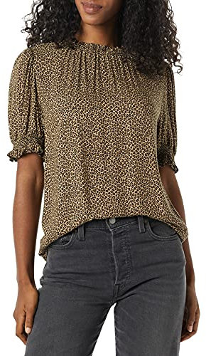 Amazon Essentials Women's Fluid Twill Short Puff Sleeve Smock Detail Shirt, Camel Micro Cheetah, L