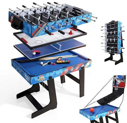 HLC 4FT 5-in-1 Multi Sports Folding Game Table - Soccer, Air Hockey, Table Tennis, Pool/Snooker, Basketball Shot for Kids/Gift