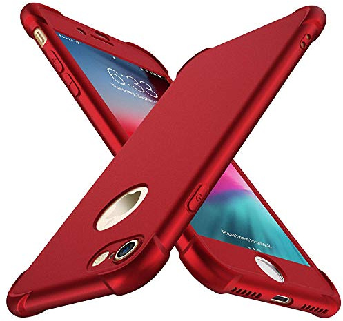 ORETECH Kompatibel mit iPhone 8 Hülle mit 2 Stück Schutzfolie, 360 Grad Stoßfest Kratzfeste Dünn Schutzhülle TPU Silikon Hart PC Handyhülle für iPhone 7/8 4,7 Zoll, Rot
