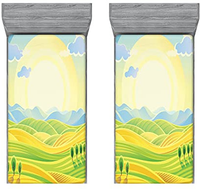 ABAKUHAUS Land 2er-Satz Spannbetttuch, Sunny Landwirtschaftliche Landschaft, Soft Dekorativer Stoff Bettwäsche Rund-um Elastischer Gummizug, 90 cm x 190 cm, Gelbgrün