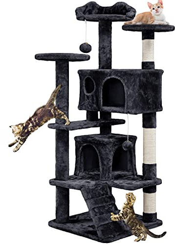 Yaheetech Árbol Rascador para Gatos 139cm con 3 Plataformas 2 nidos 2 Pompones Torre de Escalador con Postes en sisal Ideal para 3-4 Gatos Negro