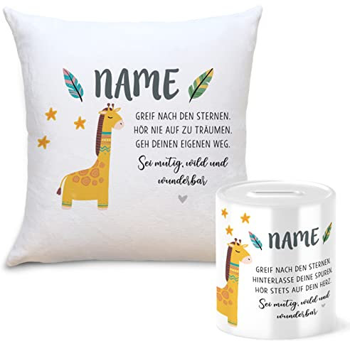 OWLBOOK Boho Giraffe Geschenkset Kinder Spardose und Kissen Personalisiert mit Namen Geschenke Geschenkideen für Kinder Baby Junge Mädchen zum GeburtstagWeihnachten Einschulung Taufe Geburt