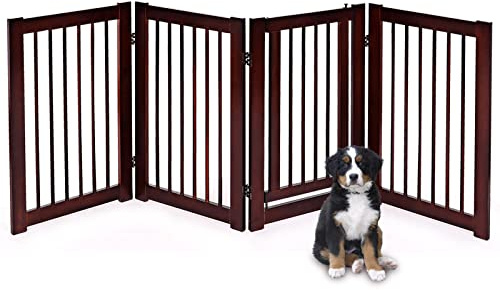 GYMAX 4-teilig Absperrgitter Hund, 76,5cm Hoch Schutzgitter Holz mit 360° Scharnieren & Tür, Hundegitter, freistehendes Türschutzgitter für Türen, Treppen