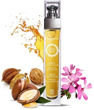 Moroccan Organic Argan Oil 50ML - 100% Pure, Natural and Cold Pressed - for Hair, Face, Body, Beard, Nails - Vegan and Cruelty-Free - Pump Bottle (Pack of 1)