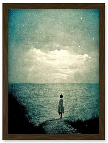 Doppelganger33 LTD Looking Out To Sea Dreamscape Lone Woman Dusk Calm Elegant Panting Artwork Framed Wall Art Print A4