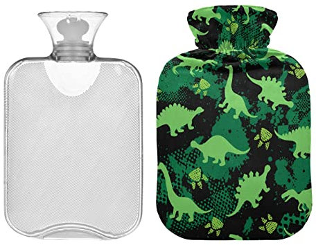 Green Dinosaur Hot Water Bottle with Velvet Cover, 2L Transparent Hot Water Bag for Neck and Shoulder Pain Relief, Bed Warmer