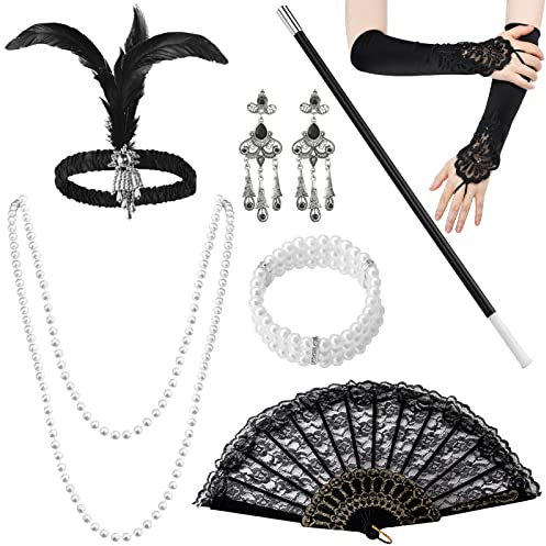 Shinybox 20s Kostüm Damen, 7 Stück 1920s Kostüm Damen Flapper Accessoires Set, 20er Jahre Kleid Set, Stirnband Handschuhen Halskette Armband Ohrringen Spitze Faltfächer für Halloween, Karneval