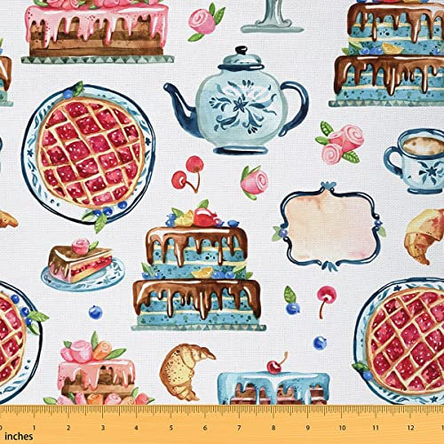 Tissu décoratif imprimé gâteau par The Yard Cherry Blueberry Fruits Rose Plante Intérieur Extérieur Tissu d'ameublement rétro dessiné à la main pour matelassage, couture, arts créatifs, 2,7 m